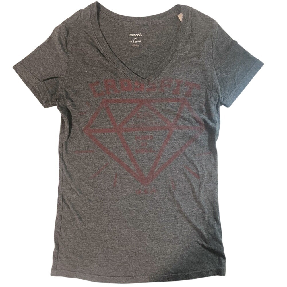 Charcoal V-Neck Reebok Crossfit Hard As Hell Diamond Casual Graphic T-Shirt Sz-M